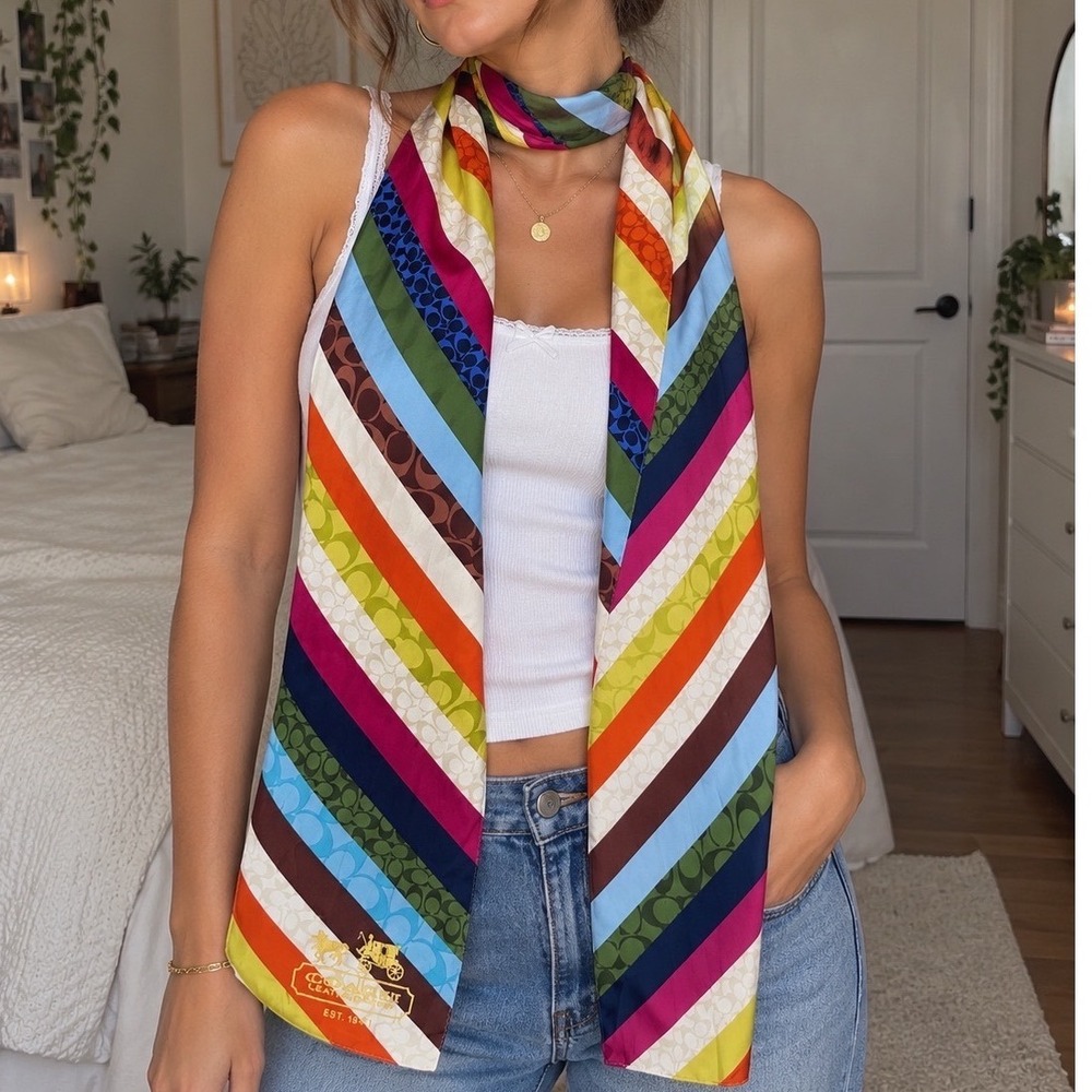 Coach Multi Color Legacy Signature C Logo Silk Oblong Scarf Long striped